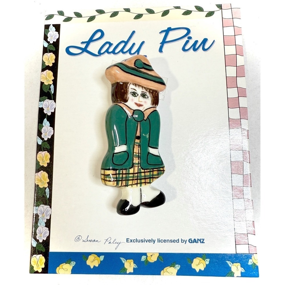 Ganz Susan Paley Tammy Lady Pin Brooch Women Green Plaid Whimsical Ceramic Art
